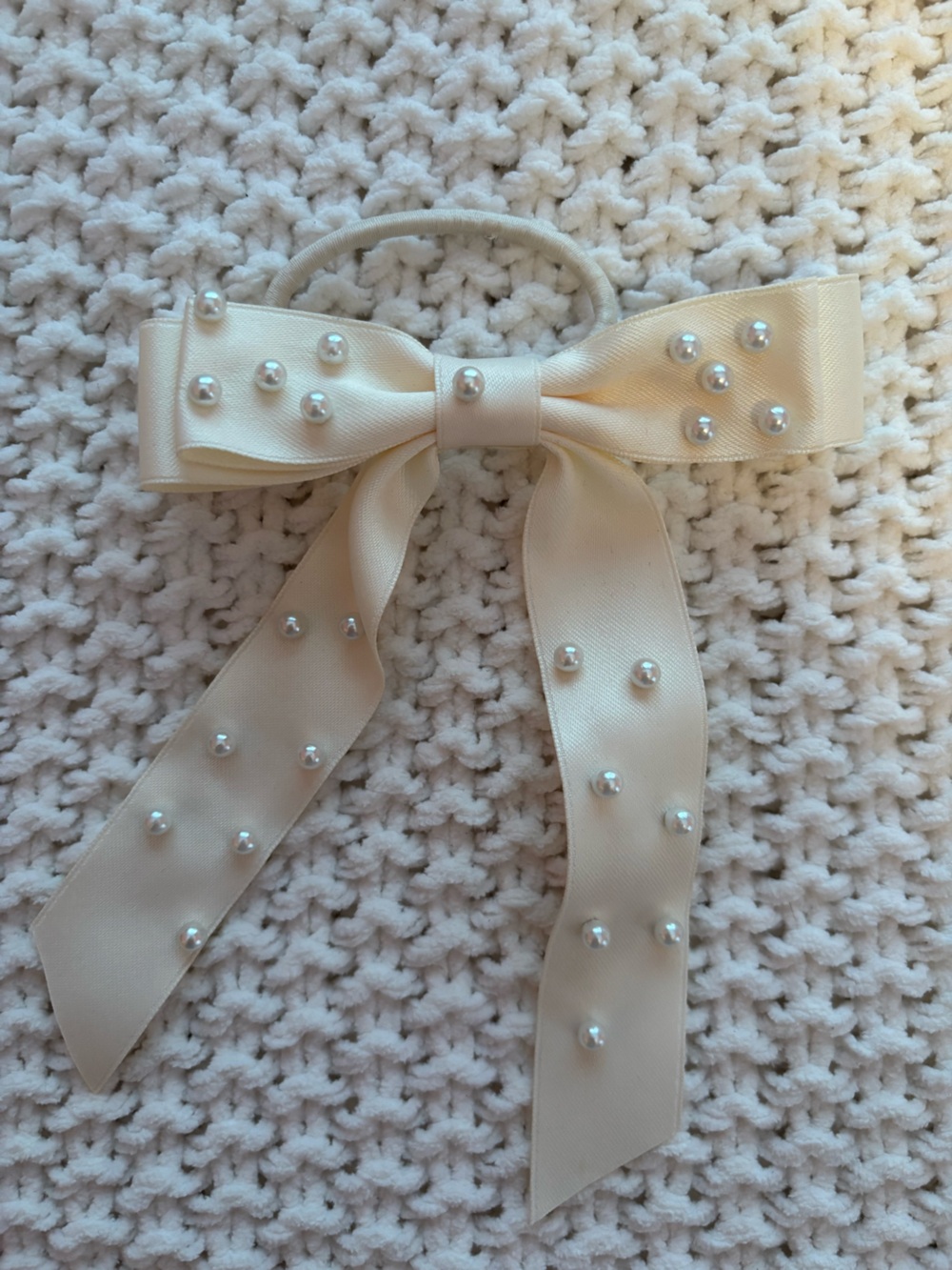 Pearl-Embellished Cream Ribbon Bow Hair Tie